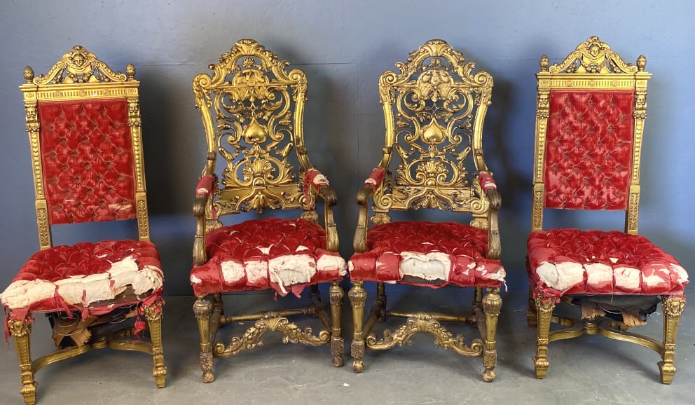Group of 4 Louis XVI Style Giltwood Chairs: Group of 4 Louis XVI Style Giltwood Chairs Comprising of: 2 armchairs 2 side chairs Armchair: 53 1/2"h x 24"w x 24"d