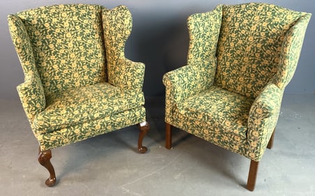 2 Green Floral Wingback Armchairs