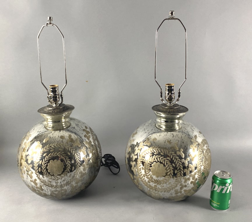 Pair of Mercury Glass Style Etched Lamps: Pair of Mercury Glass Style Etched Lamps. Overall: 26"h x 12"diam. Condition: Untested.