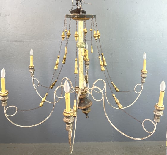 Swedish Style Wood & Metal 6 Light Chandelier: Swedish Style Wood & Metal 6 Light Chandelier. 37"h x 53"diam. Condition: Some cracks to wood, loss of paint, untested.