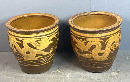 Pair of Chinese Dragon Motif Ceramic Planters