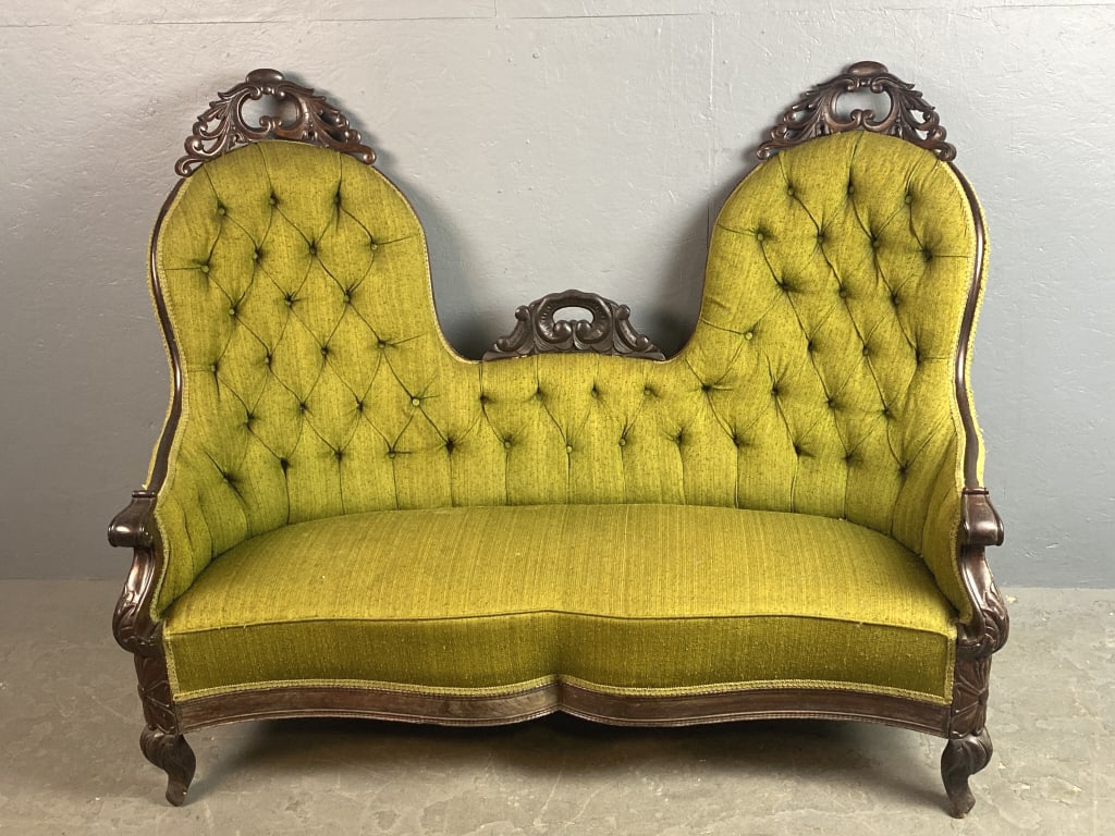 Victorian Rosewood Green Upholstered Settee: Victorian Rosewood Green Upholstered Settee. 44 1/2"h x 54 1/4"w x 31"d Condition: Overall wear, old repairs, loose carving in center.