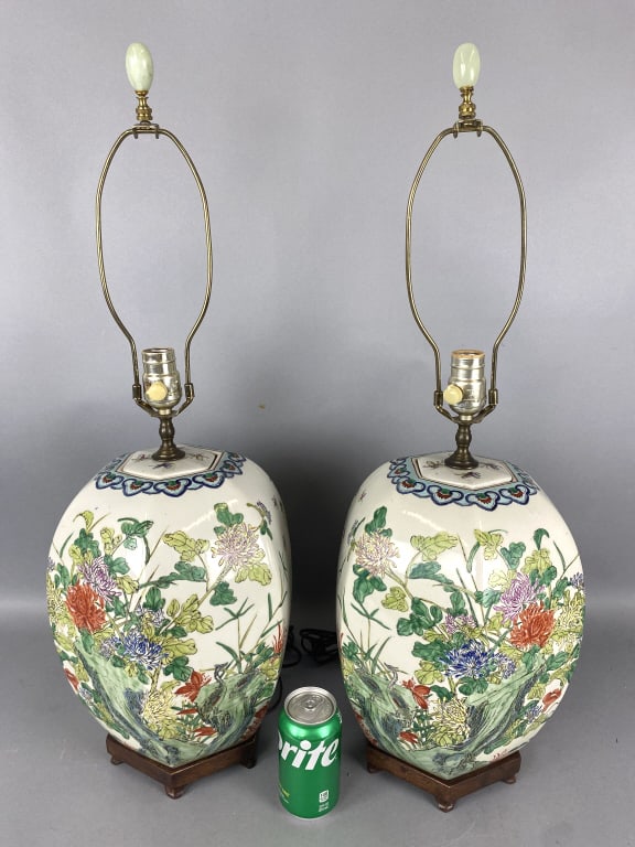 Pair of Chinese Famille Rose Porcelain Lamps: Pair of Chinese Famille Rose Porcelain Lamps. Made from ginger jars. Overall: 30"h Condition: Needs tightening.
