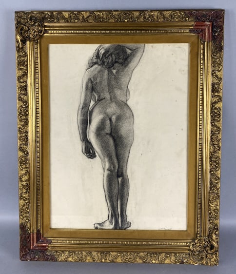Allen Townsend Terrell Charcoal of Nude Female: Allen Townsend Terrell Charcoal of Nude Female. Signed (lr). Sight: 23 1/2"h x 17 1/2"w Condition: Old repairs, missing gesso and gilt to frame, stains and foxing to art.