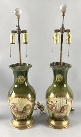 Pair of Green Reverse Painted Lamps