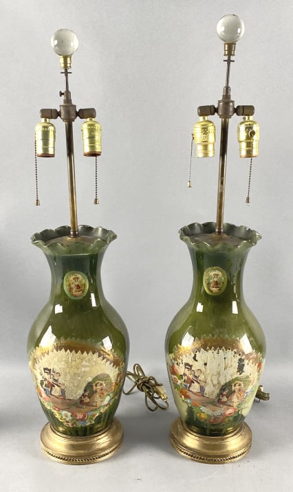 Pair of Green Reverse Painted Lamps (1 of 6)