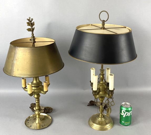 2 Brass Electrified Oil Lamps w/ Tole Shades (1 of 4)