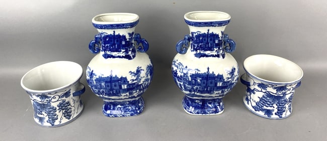 Pair of Blue & White Vases w/ Pair of Cache Pots