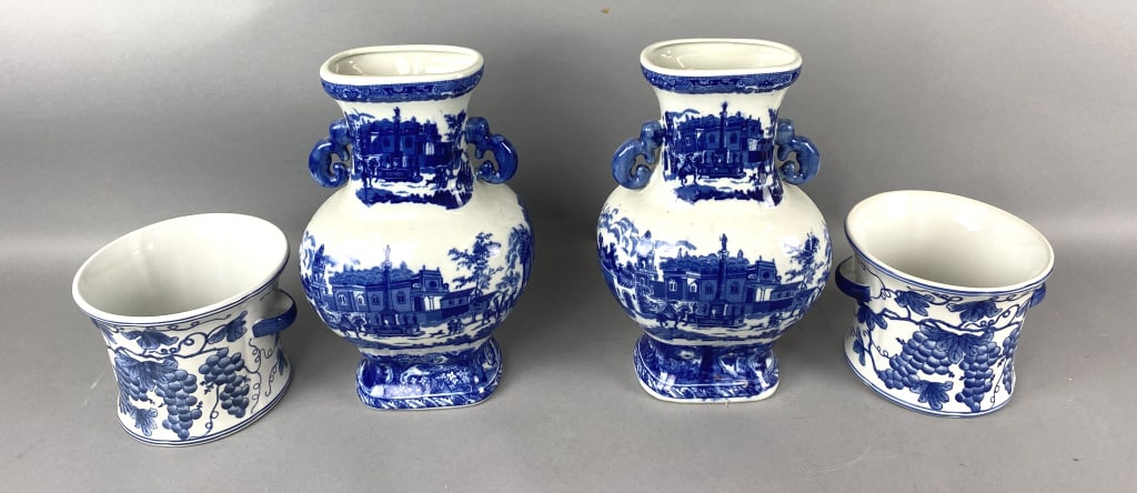 Pair of Blue & White Vases w/ Pair of Cache Pots (1 of 9)