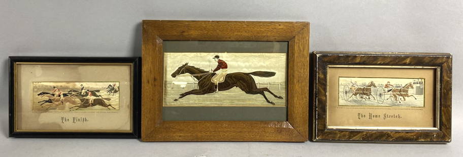 3 Horse Racing Stevengraph Pictures: 3 Horse Racing Stevengraph Pictures. Comprising of: "The Home Stretch" "The Finish" 1 no title. Tallest overall: 8 1/4"h x