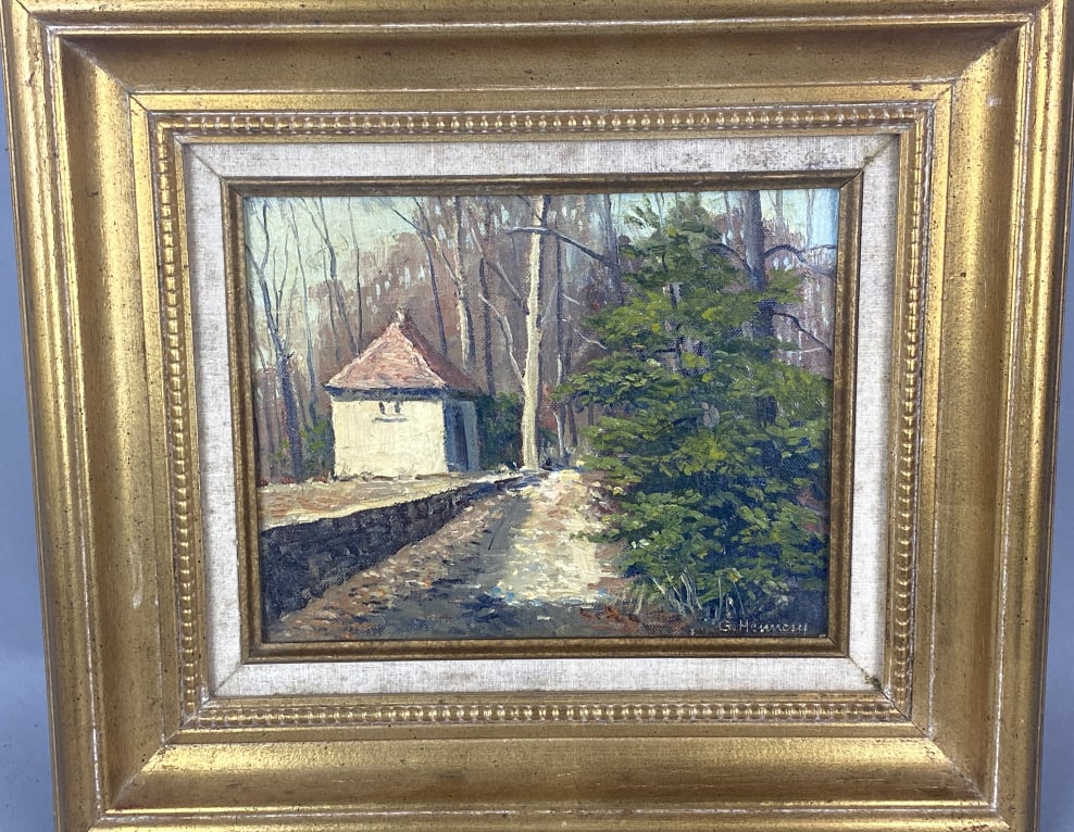 G. Hennesy Cottage Scene: G. Hennesy Cottage Scene. Oil on board, signed (lr) Sight: 7 1/2"h x 9 1/2"w Condition: Some scratches & scuffs to frame.
