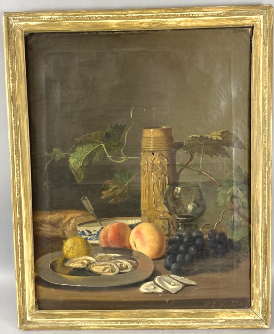 19th C. Still Life P. E. Nicolie 1865: 19th C. Still Life P. E. Nicolie 1865. Oil on canvas, signed (lr). Sight: 26"h x 20 1/4"w Condition: Hole in canvas, needs re-lining.