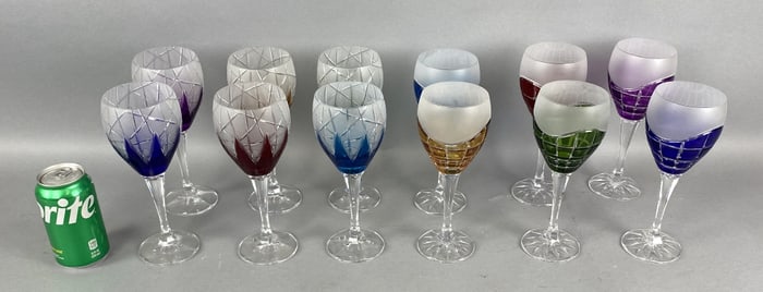 Set of 12 Bohemian Colored Crystal Wine Glasses