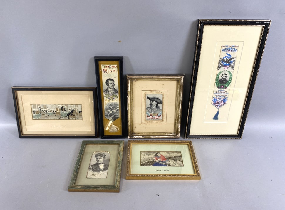 Group of 6 Stevengraphs Including Buffalo Bill: Group of 6 Stevengraphs Including Buffalo Bill. Comprising of: "Declaration of Independence" Robert Burns "With Every Good Wish" 1 signed by Buffalo Bill "Richmond 1865 Central U.S. Grant President of