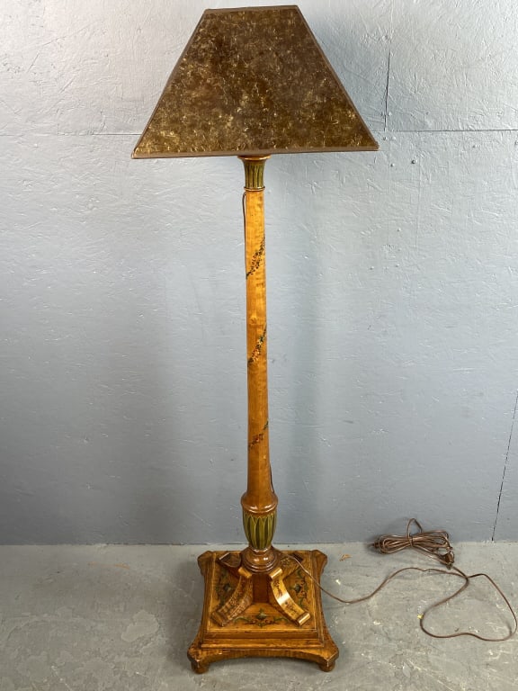 Adams Style Paint Decorated Satinwood Lamp: Adams Style Paint Decorated Satinwood Lamp with Mica shade. 58 1/2"h Condition: Some scratches, scuffs, untested.