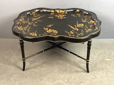 Nininger Black Lacquer & Floral Tray on Stand