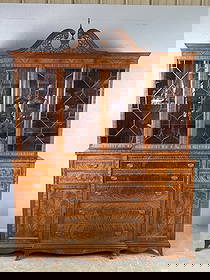 American Mahogany Inlaid Bookcase: American Mahogany Inlaid Bookcase. With butler's desk mfg. by William Kimp. 92"h x 71"w x 21"d Condition: Wear to feet, chipped wood, chipped veneer, scratches, scuffs.