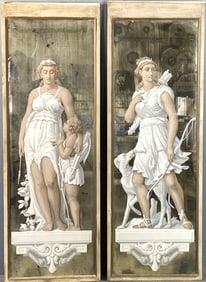 Pair of Reverse Painted Panels of Diana the Hunter
