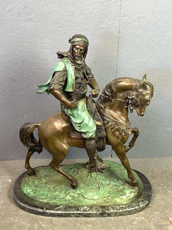 After Barye Arab on Horseback: After Barye Arab on Horseback Signed on Base. 30"h x 26"w x 11"d Condition: Some scratches, scuffs.