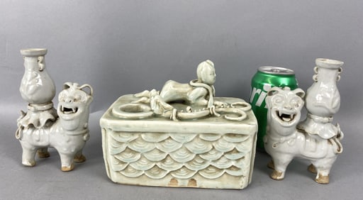 3 Porcelain Items Including Blanc de Chine Foo Dog
