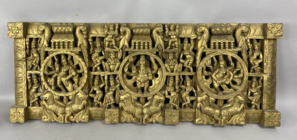 Antique Carved Wood Hindu Plaque: Antique Carved Wood Hindu Plaque. 13 1/2"h x 36"w Condition: Good.
