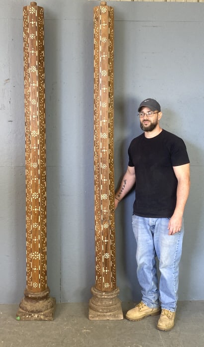 Pair of Anglo Indian Hardwood & Stone Pillars: Pair of Anglo Indian Hardwood & Stone Pillars. Inlaid with bone & ebony. 100"h x 11"w x 11"d Condition: Some scratches, scuffs.