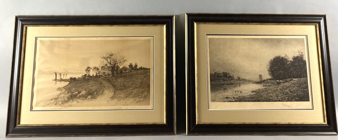 2 Etchings: "Cottage by the Sea" & River Scene