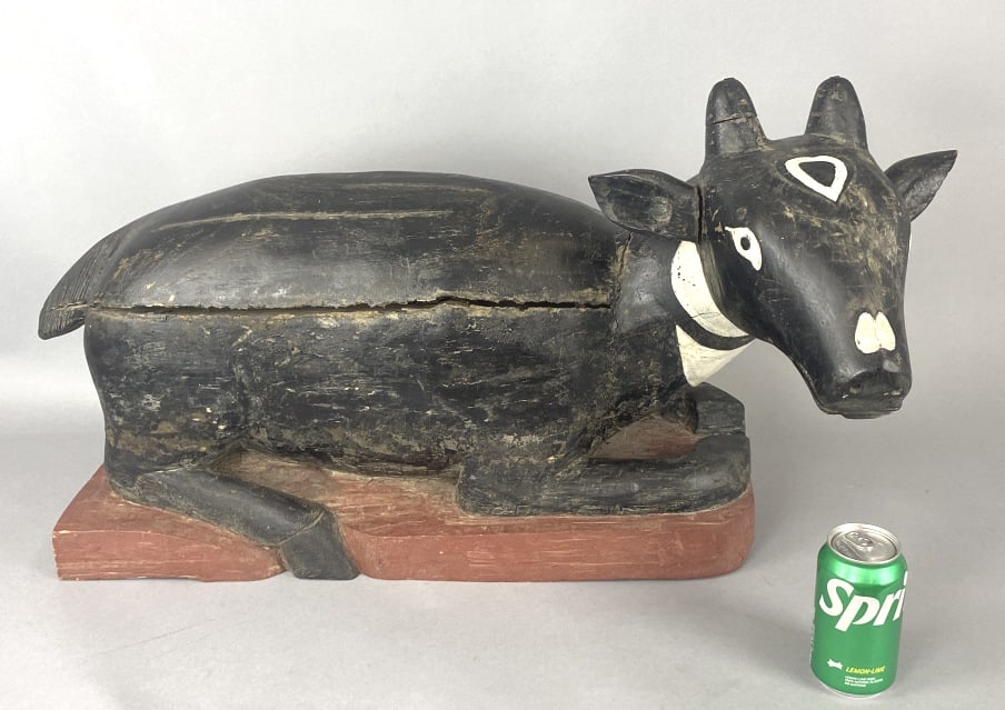 Folk Art Painted Wood Cow: Folk Art Painted Wood Cow. 18"h x 32"w x 12 1/2"d Condition: Some cracks to wood, worn paint.