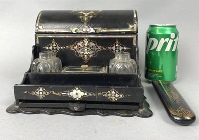 Papier Mache & Mother of Pearl Inlay Inkstand