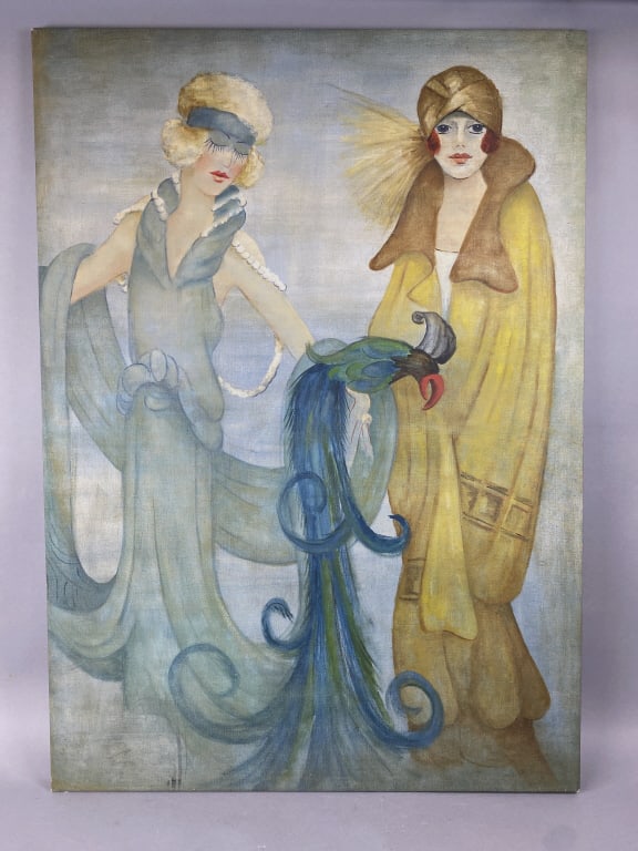 Gerda Wegener Style Art Deco Two Ladies: Gerda Wegener Style Art Deco Two Ladies. 1 lady maybe Jean Harlo? Oil on canvas, unsigned. 48"h x 34"w Condition: Unframed, minor scuffs to corners, foxing to back.