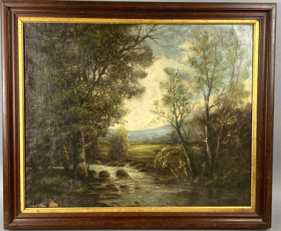 Painting of River Scene: Painting of River Scene. Oil on canvas, signed illegibly (lr) Sight: 21 1/2"h x 27"w Condition: Old repairs, chipped paint.