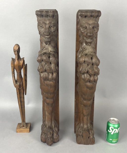 Pair of Carved Wood Griffins and Don Quixote: Pair of Carved Wood Griffins and Don Quixote. Griffins: 26 3/4"h Condition: Some loss of wood, overall wear.