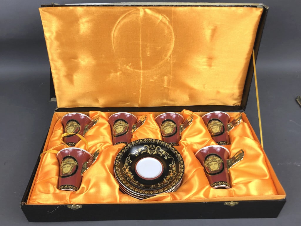 Versace Rosenthal Medusa Coffee Service for 6: Versace Medusa Porcelain Coffee Service for 6. Cups: 3 1/2"h. Condition: Box lid is broken.