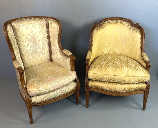 2 Louis XVI Style Walnut Bergeres: 2 Louis XVI Style Walnut Bergeres. Taller: 40 1/2"h x 26"w x 30"d Condition: Some stains to fabric, scratches, scuffs.