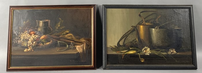 Pair of Fruit & Fish Still Life Paintings