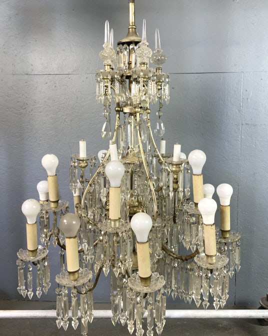 19th C. Electrified Gasolier: 19th C. Electrified Gasolier. 59"h x 32"diam. Condition: 1 missing bobeche, several broken & chipped bobeche, missing & broke crystals.