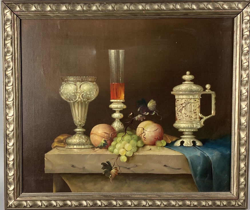 Still Life of Fruit Signed Molnary: Still Life of Fruit Signed Molnary. Oil on canvas, signed (lr) Sight: 19 1/2"h x 23 1/2"w Condition: 2 puncture marks.