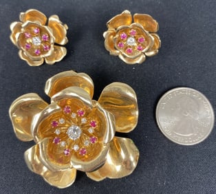 14kt Gold Diamond & Ruby Flower Set