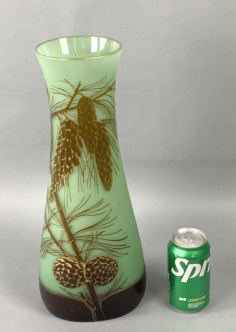 Galle Style Pinecone Decorated Vase: Galle Style Pinecone Decorated Vase. 16 1/2"h x 8"diam. Condition: Some rubbed gilt, scuffs, scratches..