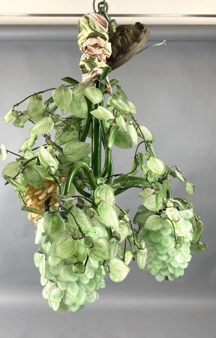 3 Light Grape & Vine Chandelier: 3 Light Grape & Vine Chandelier. 14"h x 16"diam. Condition: Untested, loose & missing crystals.