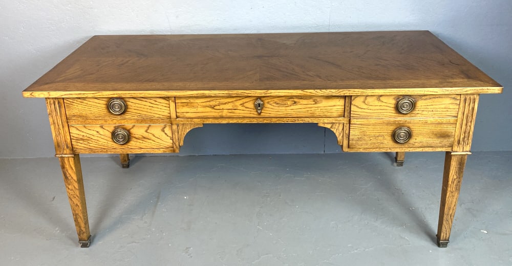 Italian Fruitwood Desk: Italian Fruitwood Desk. 30 1/2"h x 69"w x 30"d Condition: Some scratches, scuffs.