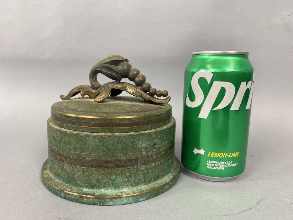 Carl Sorensen Art Deco Bronze Bowl: Carl Sorensen Art Deco Bronze Bowl. Verdigris finish, copper lined. 5"h x 5 1/2"diam. Condition: Good.