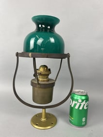Brass Gimbal Ship's Oil Lamp w/ Green Shade