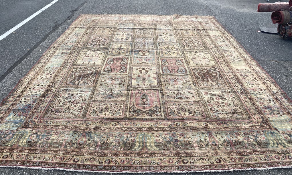 Mashad Garden Design Rug: Mashad Garden Design Rug. 14' 7" x 11' 3" Condition: Overall wear, low & loss of pile.