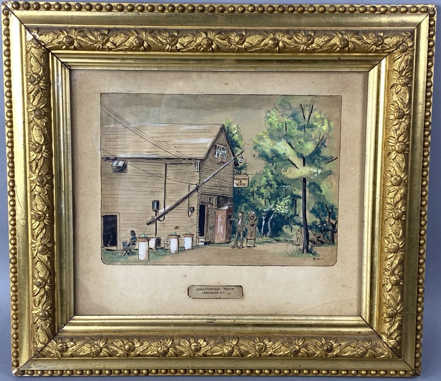 Barn Stormers Theatre Cragsmoor N.Y.: "Barn Stormers Theatre Cragsmoor N.Y." Watercolor, signed (lr). Sight: 8"h x 11"w Condition: Some loss of gilt & gesso to frame, stains to matting, stains & foxing to watercolor.