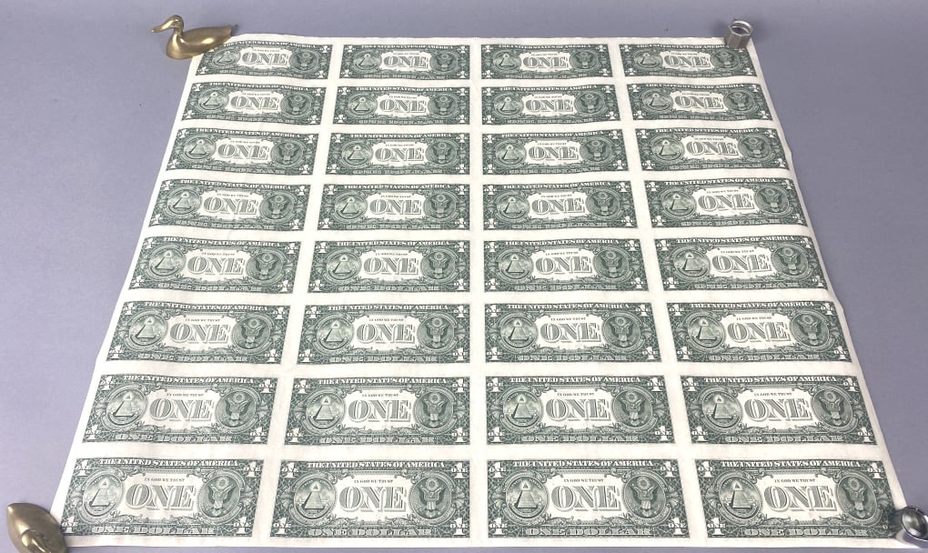 Sheet of Uncut $1 Bills: Sheet of Uncut $1 Bills. 21"h x 25"w Condition: Crease in 3 bills, unframed.