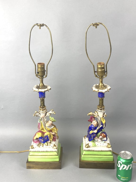 Pair of Asian Style Figural Lamps: Pair of Asian Style Figural Lamps. Overall: 26 1/2"h x 6 1/2"w x 5"d Condition: Untested, loss of porcelain, rubbed gilt.