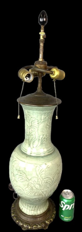 Bronze Mounted Chinese Celadon Porcelain Lamp: Bronze Mounted Chinese Celadon Porcelain Lamp. Top of finial: 32"h x 9"diam. Condition: Untested, crazing.