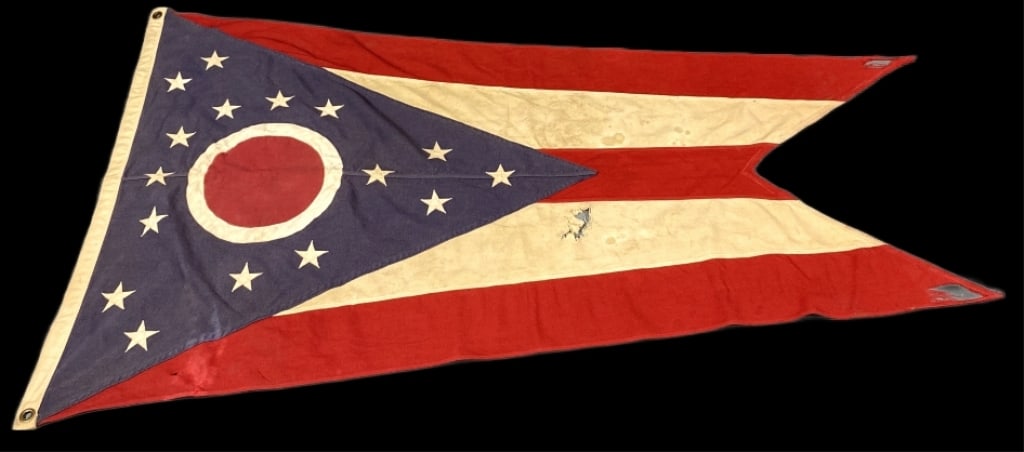 Ohio Buckeye Flag: Ohio Buckeye Flag. 34"h x 56 1/2"w Condition: Some loss of fabric, stains, overall wear.