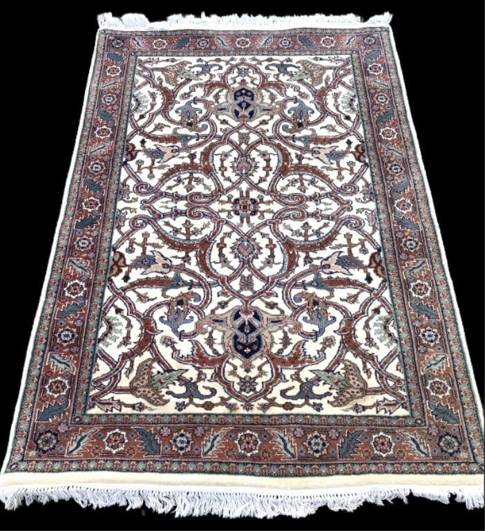 Indian Floral & Geometric Design Rug: Indian Floral & Geometric Design Rug. 6" x 4' 1" Condition: Some stains.